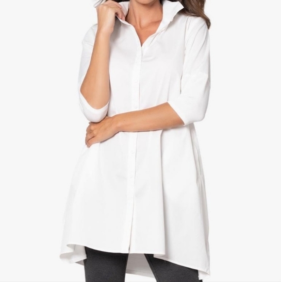 STELLA CARAKASI Tunic White Buttondown Organic Poplin Cotton Jersey Coverup M - Picture 1 of 15